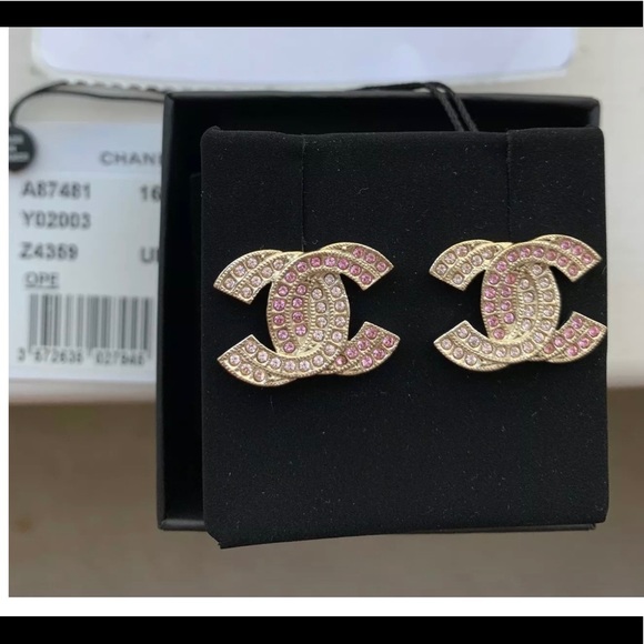 CHANEL Jewelry - Chanel CC Light Gold & Pink Stone Earrings